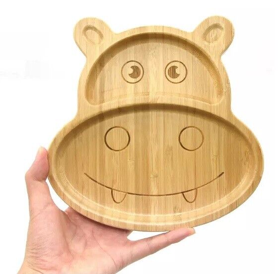 Bamboo Kids Children Baby Plate Bowl & Silicon Suction Cap Base & Spoon - Hippo 4