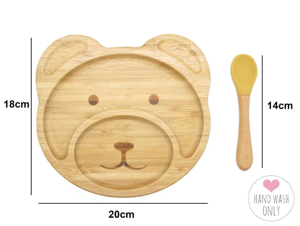 Bamboo Kid Child Baby Plate Bowl & Silicon Suction Cap Base & Spoon - Teddy Bear 3