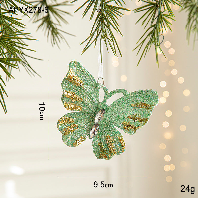 Green Glitter Butterfly Christmas Ornament with Gold Accents - Hanging Holiday Decoration 5 pieces 3