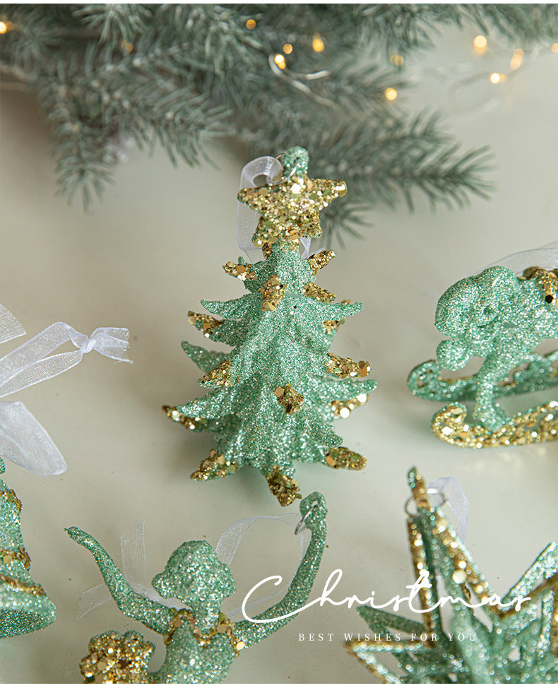 Green Glitter Christmas Tree Ornament with Gold Star Top - Hanging Festive Decoration 5 pieces 3