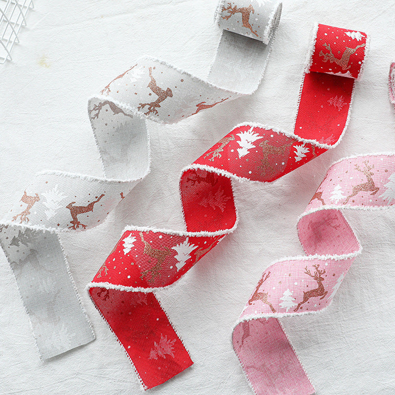 Christmas-Themed Decorative Wired Ribbon Burlap– Reindeer and Tree Print Rolled Fabric Set ,Diameter 6.8 cm, length 2 cm (two set, 6 pieces in total) 3