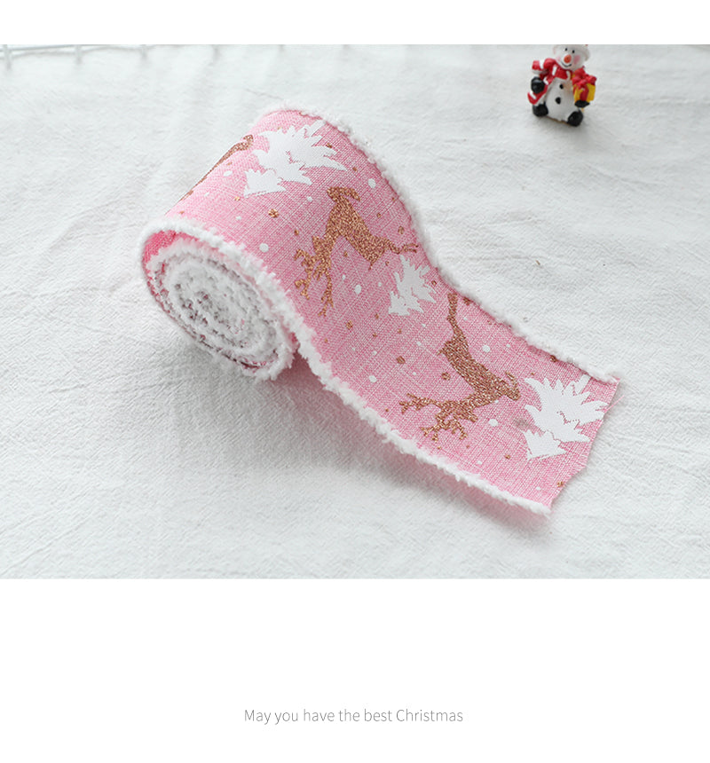 Christmas-Themed Decorative Wired Ribbon Burlap– Reindeer and Tree Print Rolled Fabric Set ,Diameter 6.8 cm, length 2 cm (two set, 6 pieces in total) 6