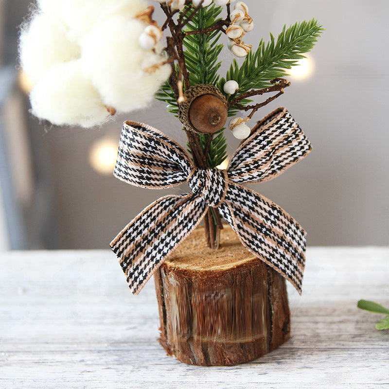 Mini Rustic Christmas Tree Decoration – 9.84 Inches Tall with Cotton and Plaid Bow Accents (4 trees) 3