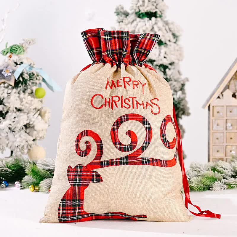 Large Merry Christmas Drawstring Gift Bag with Plaid Accents - Perfect for Holiday Presents (3 pieces) 4