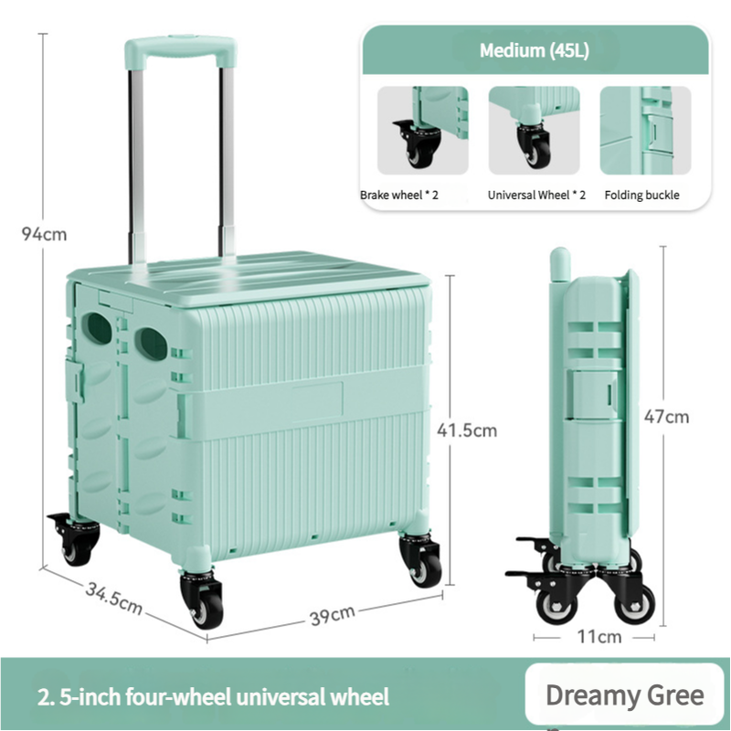 Foldable Rolling Storage Cart with Telescopic Handle - Large Capacity, Portable Utility Box  45L Green 3