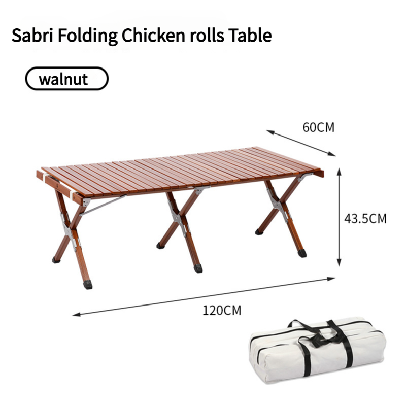 Portable Solid Wood Folding Camping Table - Sapele Roll-Up Picnic and BBQ Dining Table 120*60*43.5cm