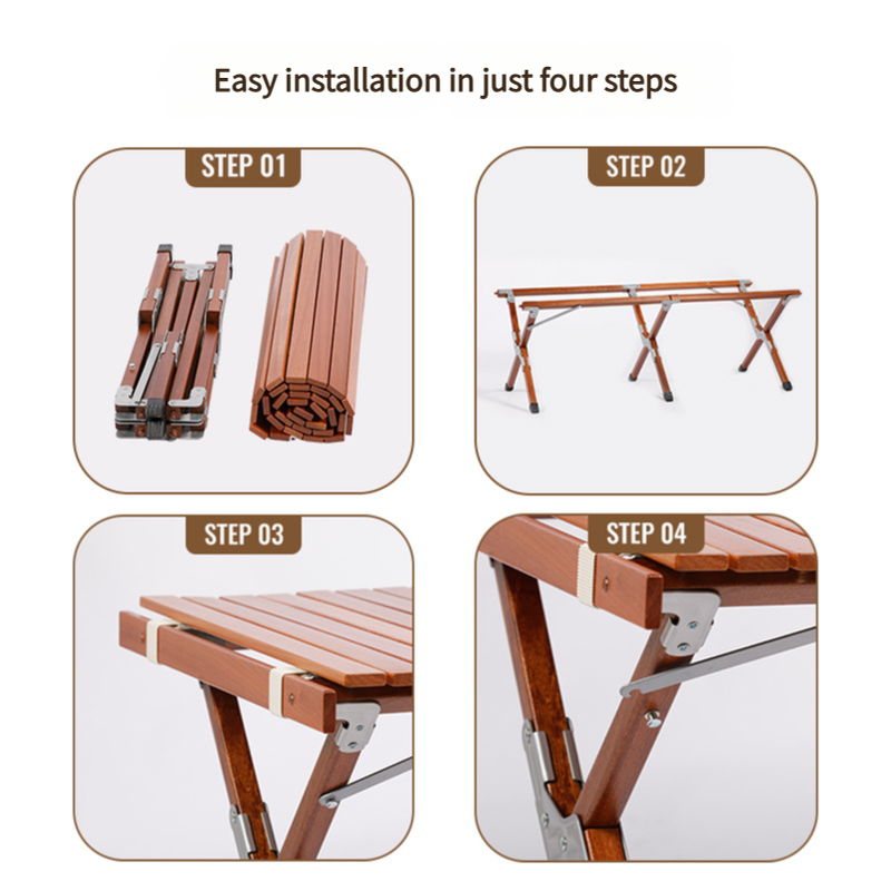Portable Solid Wood Folding Camping Table - Sapele Roll-Up Picnic and BBQ Dining Table 120*60*43.5cm 4