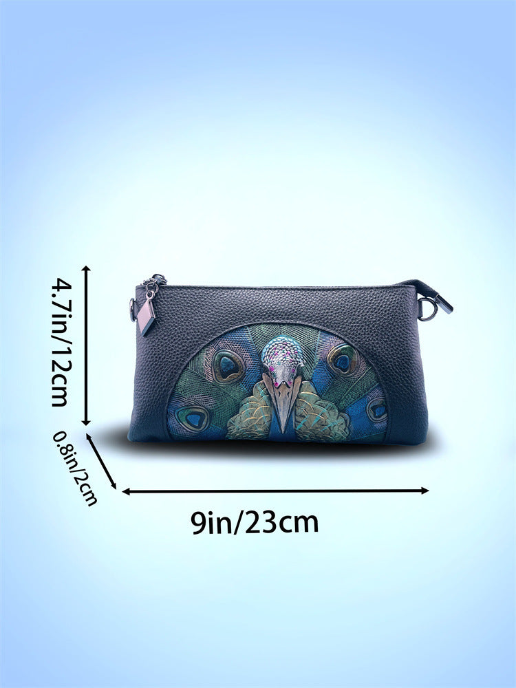Women's Embossed Peacock Leather Wristlet Clutch - Elegant and Artistic Handbag 23*12*2cm 3