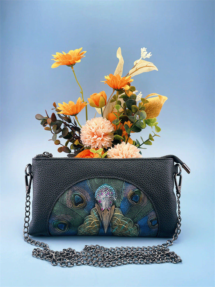 Women's Embossed Peacock Leather Wristlet Clutch - Elegant and Artistic Handbag 23*12*2cm 4