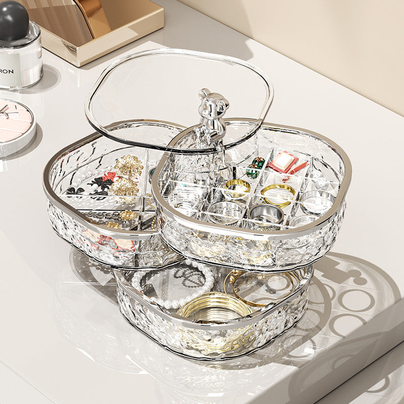 Elegant Crystal Stackable Jewelry Organizer with Bear Handle - 3-Tier Display Box for Accessories 13.4*13.4*14.2cm 3