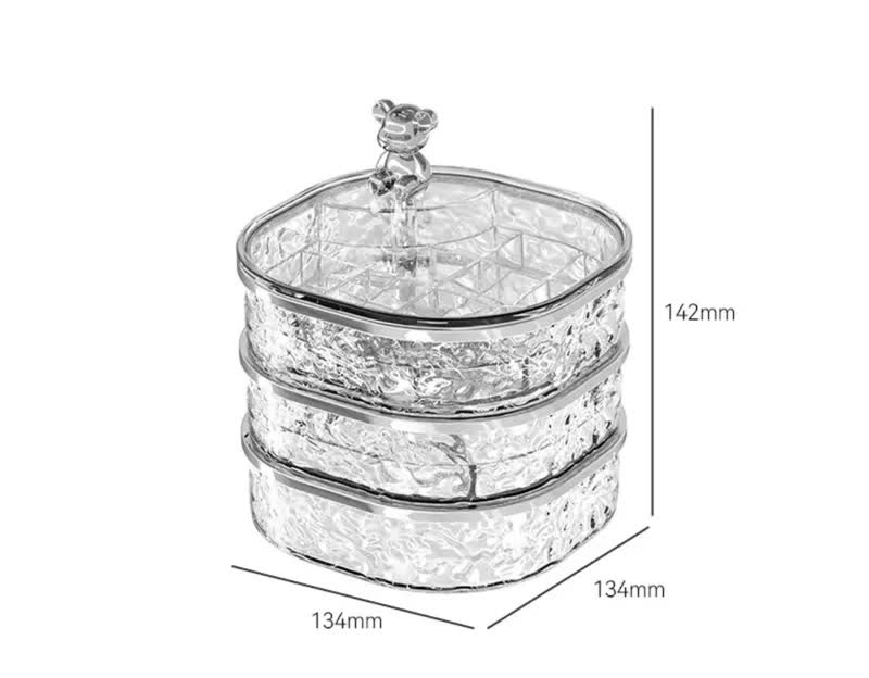 Elegant Crystal Stackable Jewelry Organizer with Bear Handle - 3-Tier Display Box for Accessories 13.4*13.4*14.2cm 4