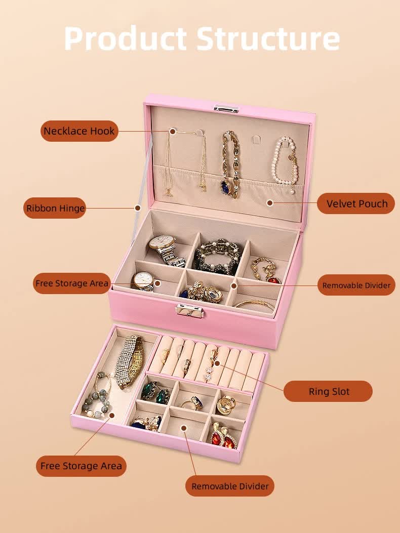 Luxury Jewelry Organizer Box - Elegant Multi-Compartment Storage Case (Pink)23*17*8.8cm 3