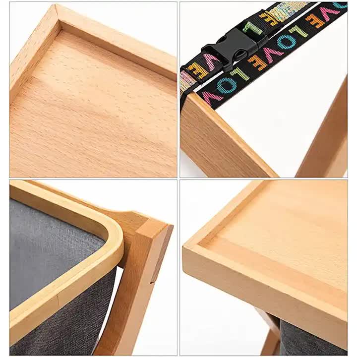 Foldable Wooden Laundry Hamper with Removable Tray and Storage Bag - Natural Wood Finish - Wood Colour 3