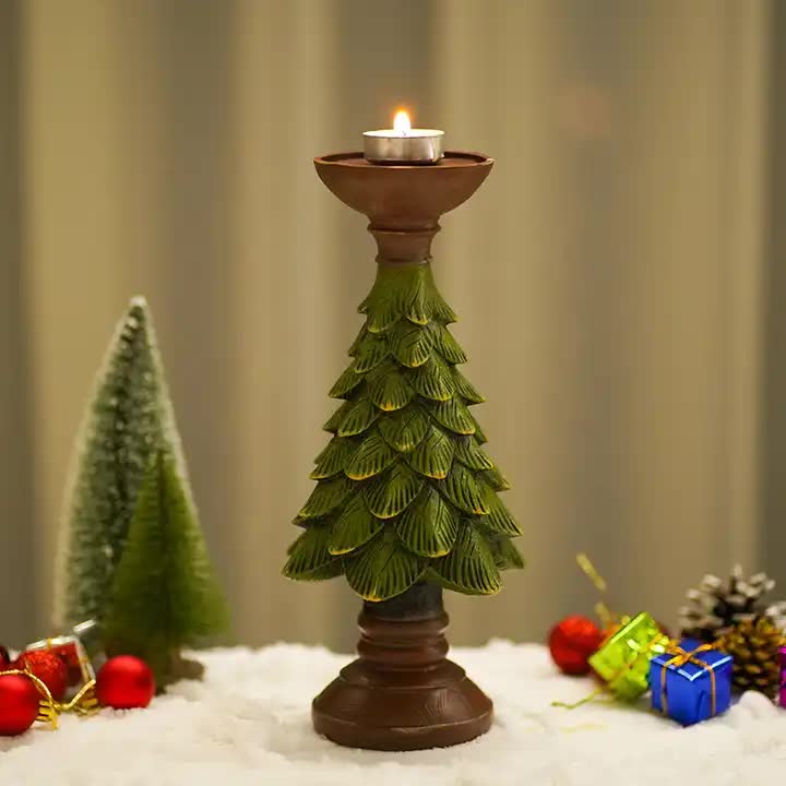 Christmas Tree Candle Holder - Rustic Resin Pillar Stand, 12cm Festive Decoration 3