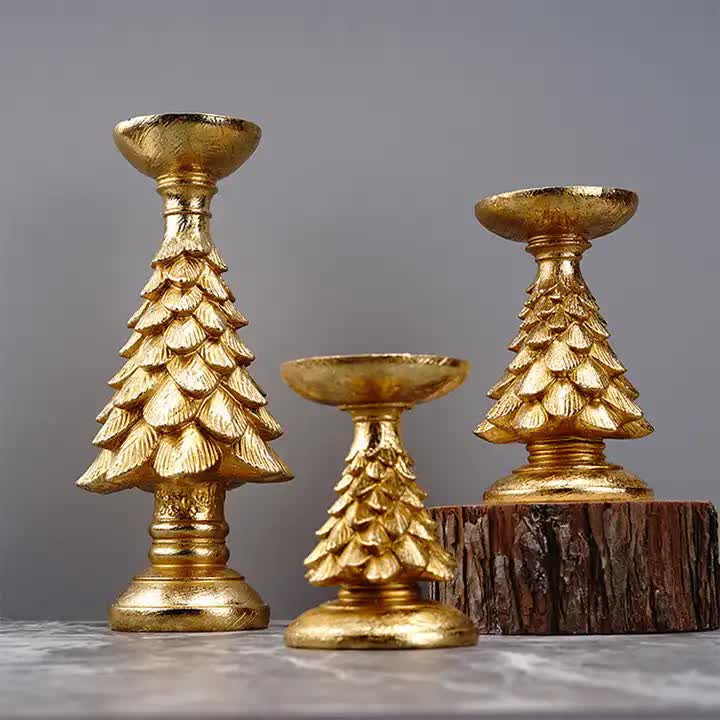 Set of 3 Gold Christmas Tree Candle Holders - Festive Resin Pillar Stands, Elegant Holiday Decor 3