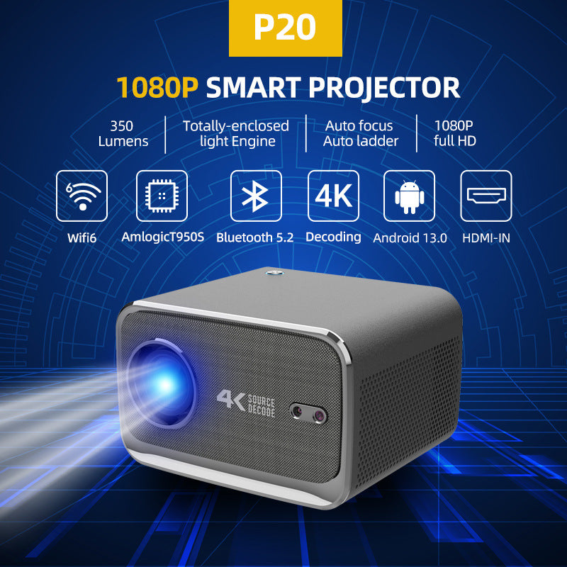 P20 1080P Smart Projector with 4K Decoding, Wi-Fi 6, Bluetooth 5.2, and Android 13.0(211.2*184.72*136.5mm) 3