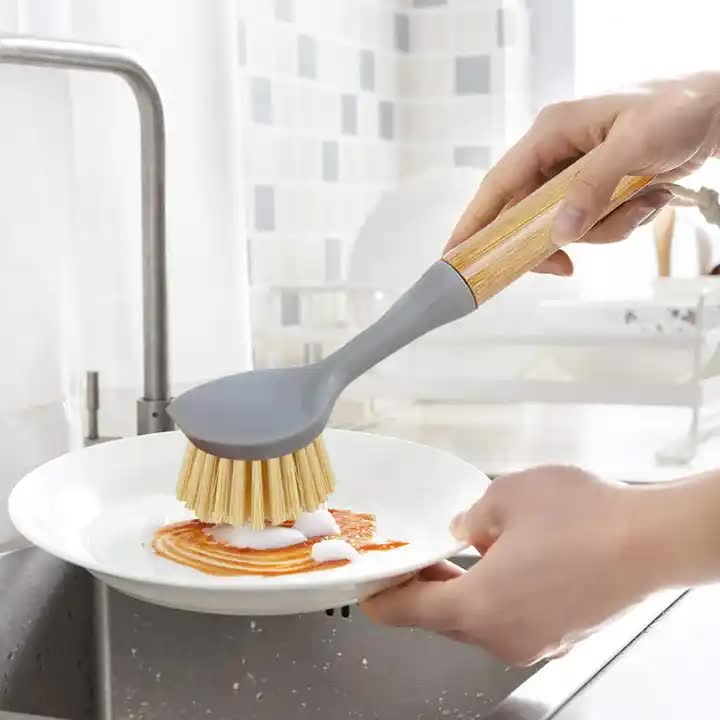 Eco-Friendly Dish Scrub Brush Set - White 2 PCS, Natural Bamboo Handle with Durable Bristles, Random Rope Color 3