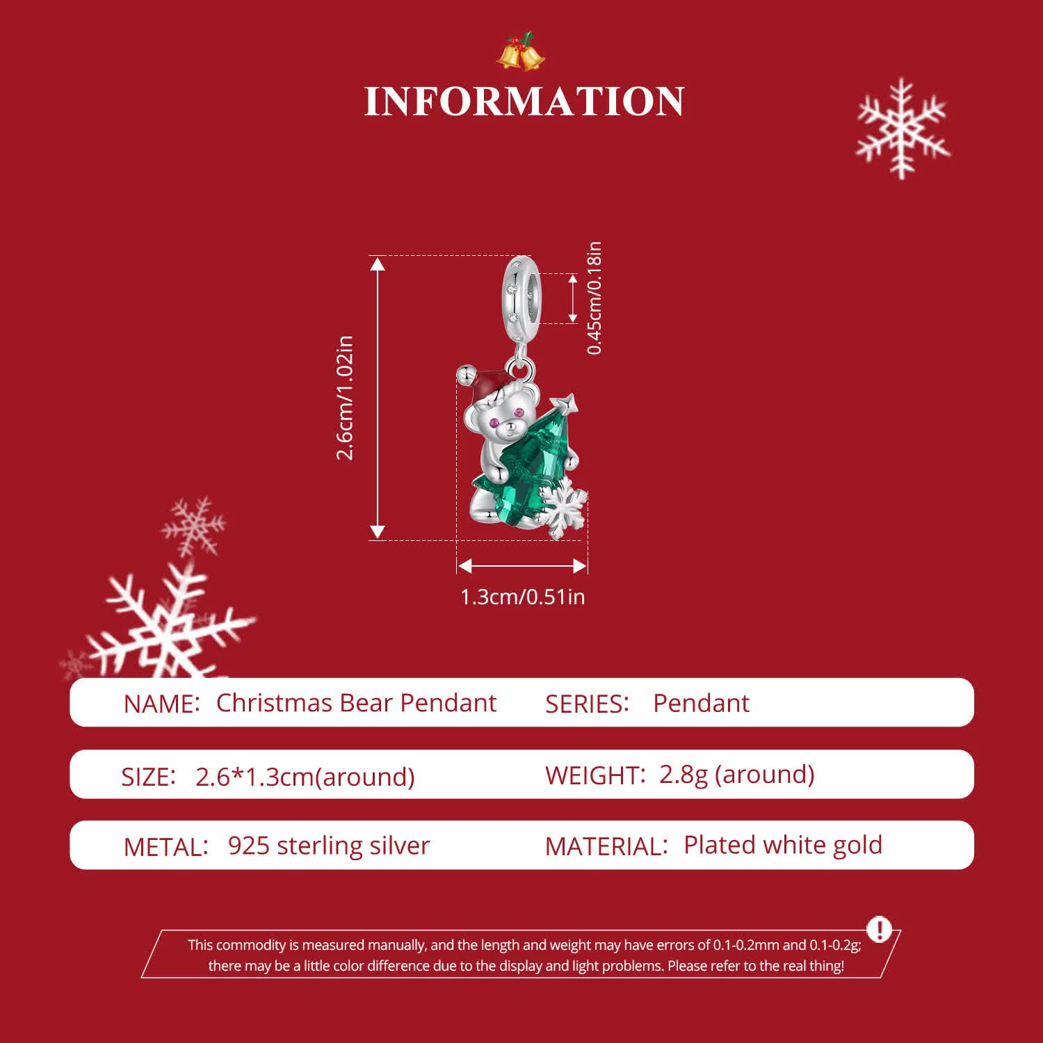 Sterling Silver Santa Bear Pendant - Holiday Pendant with Green Christmas Tree and Santa Hat Design(weighs approximately 2.8g) 3