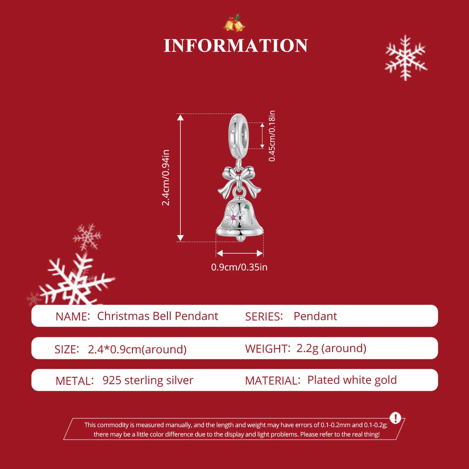 Sterling Silver Bell Charm - Festive Christmas Pendant with Colorful  Accents (weighs approximately 2.2g) 3