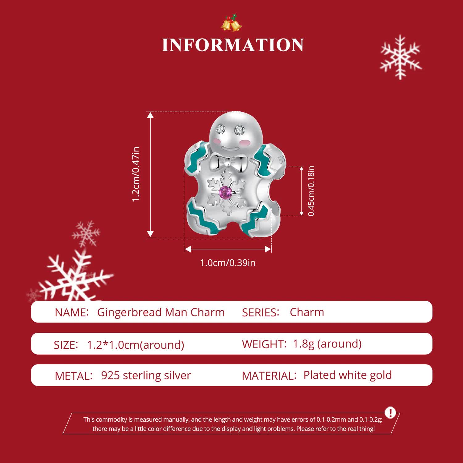 Sterling Silver Gingerbread Man Charm - Festive Christmas Pendant with Colorful  Accents (weighs approximately 1.8g) 3