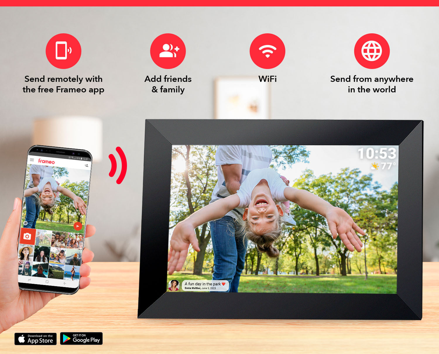 Black 16GB Storage 10-Inch WiFi Digital Photo Frame | HD Display + Remote Photo/Video Sharing via App | 3