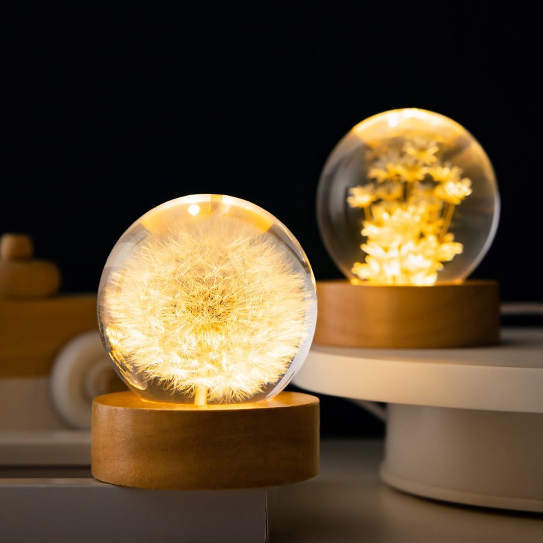 Luminous 3D Dandelion Crystal Ball Beech Wood Stand Base Preserved Flower Sphere Ball Desktop Ornaments Bithday Christmas Gifts 3