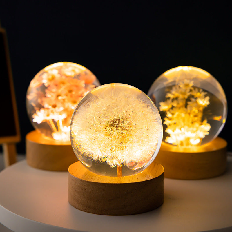 Luminous 3D Dandelion Crystal Ball Beech Wood Stand Base Preserved Flower Sphere Ball Desktop Ornaments Bithday Christmas Gifts 3