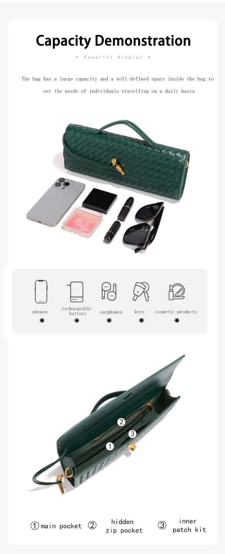 Light Green Luxury Woven PU Leather Clutch - Elegant Women's Evening Baguette Bag with Adjustable Shoulder Strap 4