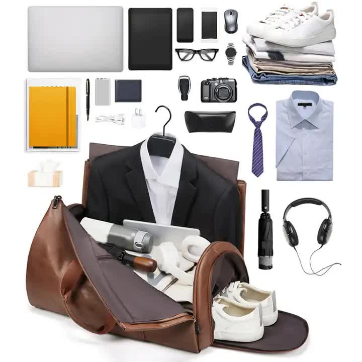 Champagne PU Leather Travel Duffel Bag - Large Capacity Waterproof Suit Bag with Shoe Compartment 4
