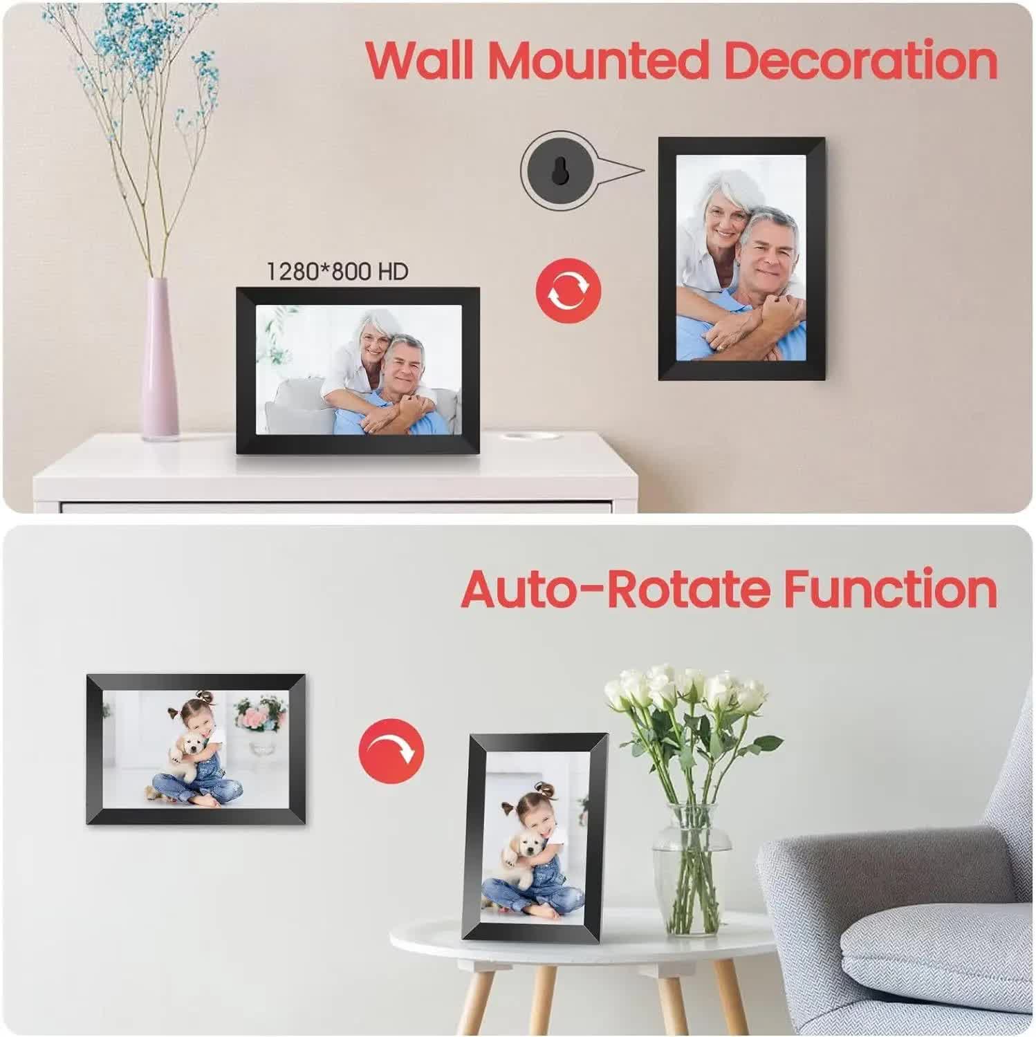 10.1-Inch Wooden Frame WiFi Digital Photo Frame - 16GB Storage, IPS Touchscreen, App Remote Sharing 4