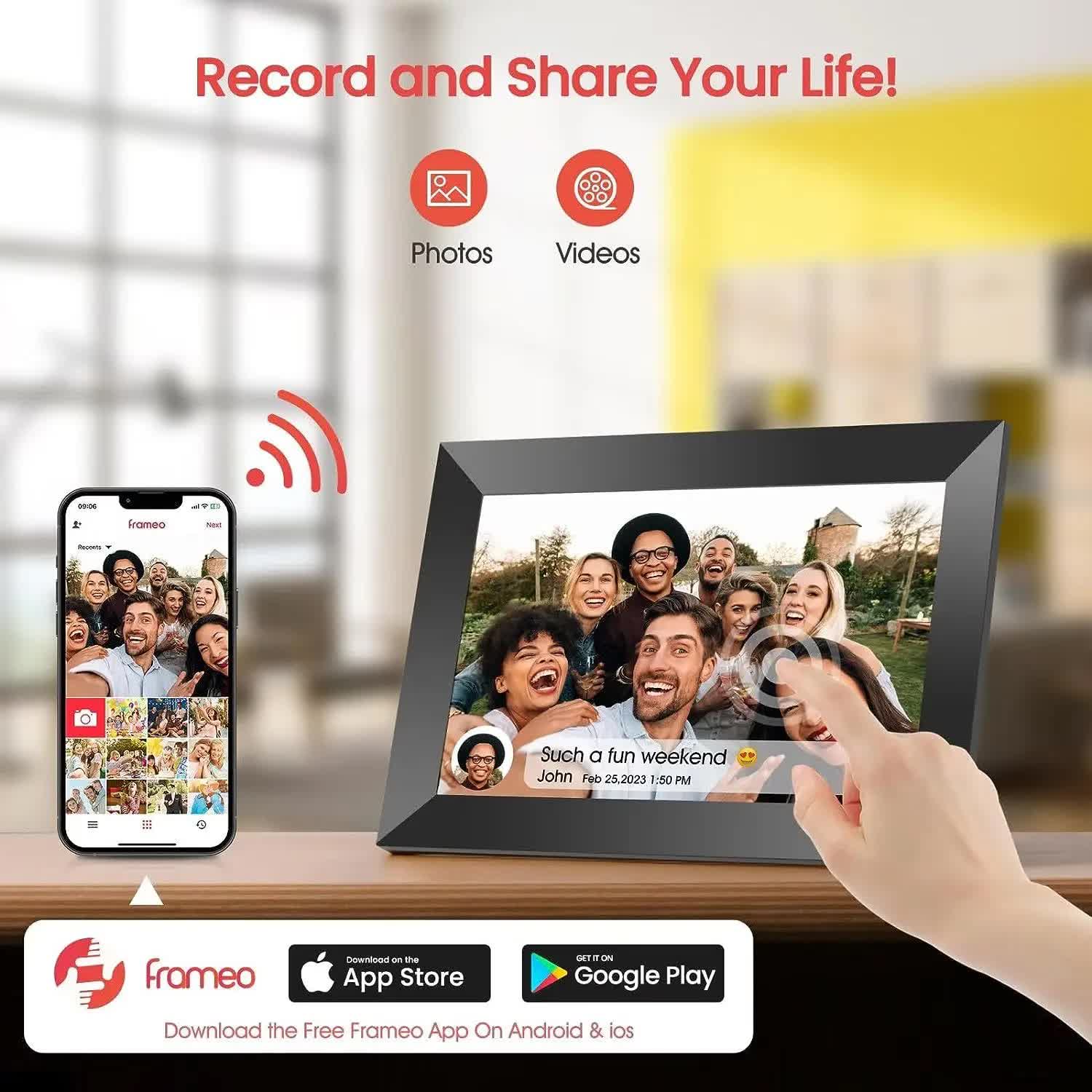 10.1-Inch Wooden Frame WiFi Digital Photo Frame - 16GB Storage, IPS Touchscreen, App Remote Sharing 5