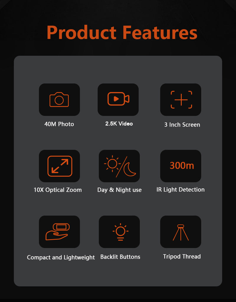 Black Digital Night Vision Binoculars - 3.0'' IPS Screen, 10X Optical Zoom, 2.5K Video Recording, Infrared for 300m Range 5