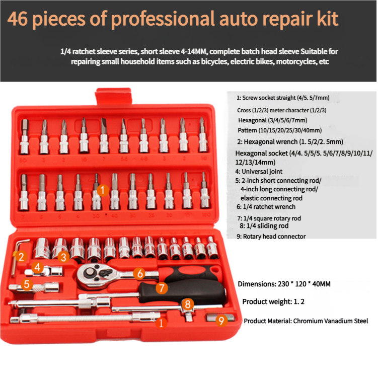 46-Piece Professional Socket Wrench Set - 1/4 Drive, Chrome Vanadium Steel, Ratchet & Bit Kit for Automotive and Household Repairs Black Box 4