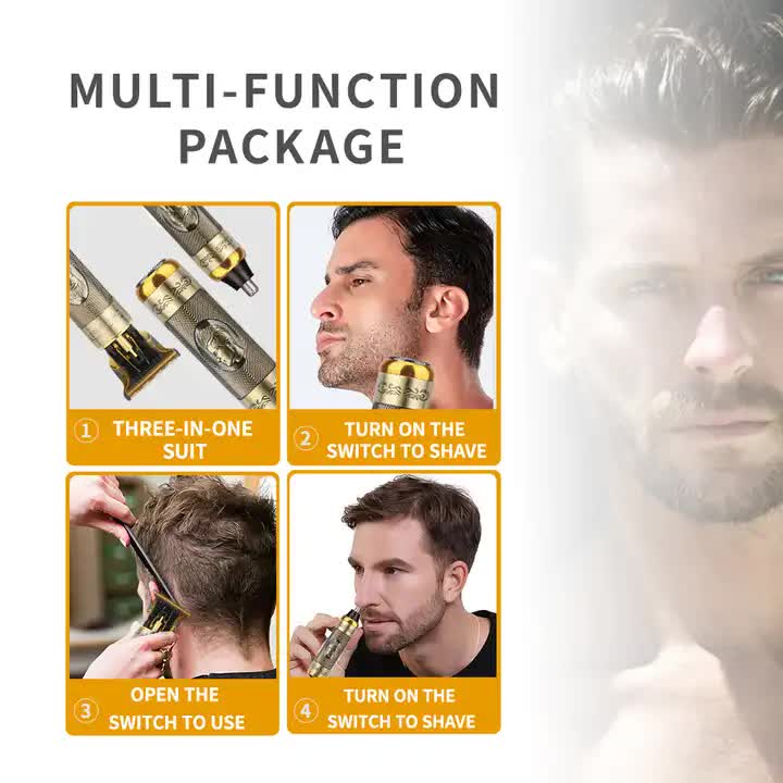 3-in-1 Professional Hair Clipper Set - Rechargeable Beard Trimmer, Nose Hair Trimmer, and Electric Shaver with USB Cable, Cleaning Brush, and Attachments 3