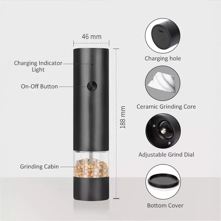 Rechargeable Electric Salt and Pepper Grinder Set (Includes Two Grinders) - Adjustable Ceramic Grinding Core with USB Charging 3