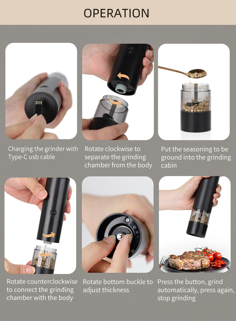 Rechargeable Electric Salt and Pepper Grinder Set (Includes Two Grinders) - Adjustable Ceramic Grinding Core with USB Charging 5