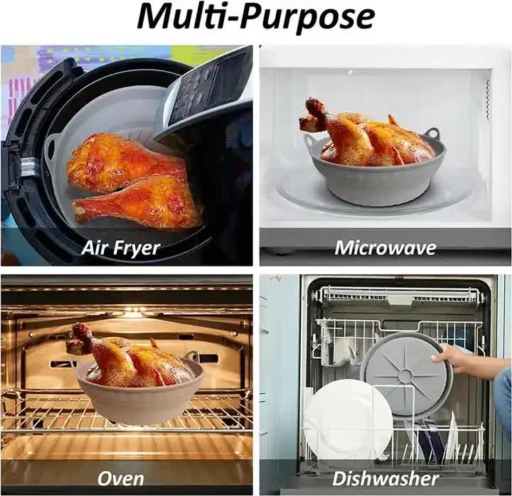 3D Square Air Fryer Silicone Liners - Food-Grade, Non-Stick, Reusable Basket Mats for Air Fryers, Ovens, and Microwaves (4 PCS Gray) 3