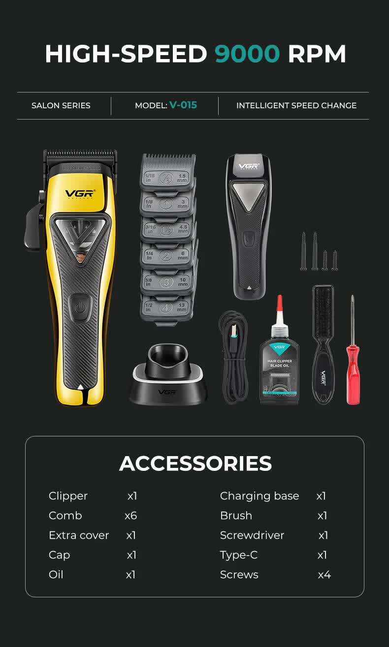 VGR Professional Hair Clipper Set - 9000 RPM Vector Motor, Rechargeable Cordless Grooming Kit with Accessories 4