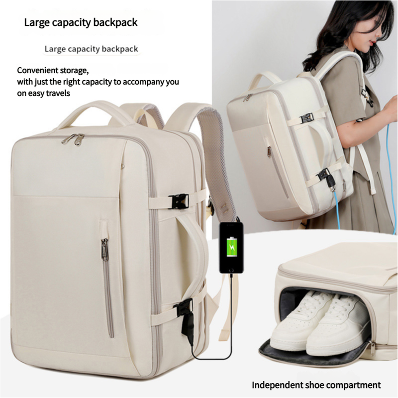 Beige Expandable Backpack with USB Port - Multi-Functional Outdoor, Commuter & Laptop Bag 5