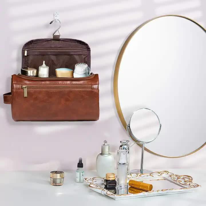 Coffee Large Capacity PU Leather Travel Toiletry Bag - Portable Waterproof Makeup Organizer for Business & Vacation 5