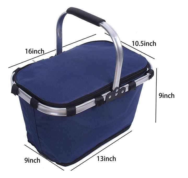 Dark Blue Portable Picnic Basket - Foldable Insulated Outdoor Shopping Basket, Meal Delivery & Takeout Carrier 5