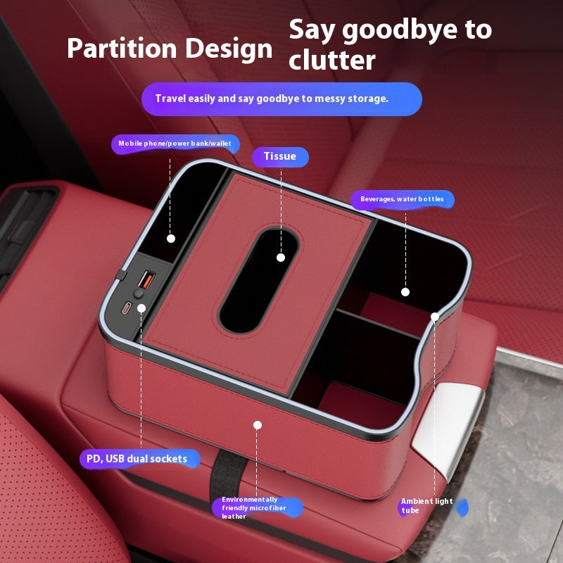 Warm Rice Car Armrest Storage Box with LED Ambient Light - Multifunctional Tissue Holder & Organizer for Car Interior 3