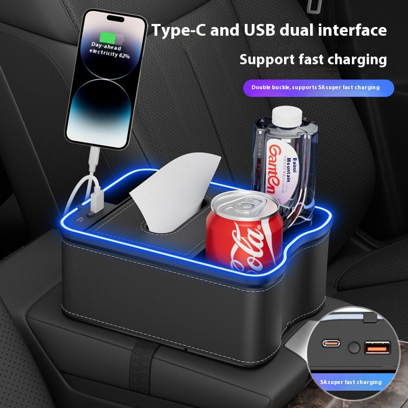 Volcano Red Car Armrest Storage Box with LED Ambient Light - Multifunctional Tissue Holder & Organizer for Car Interior 3