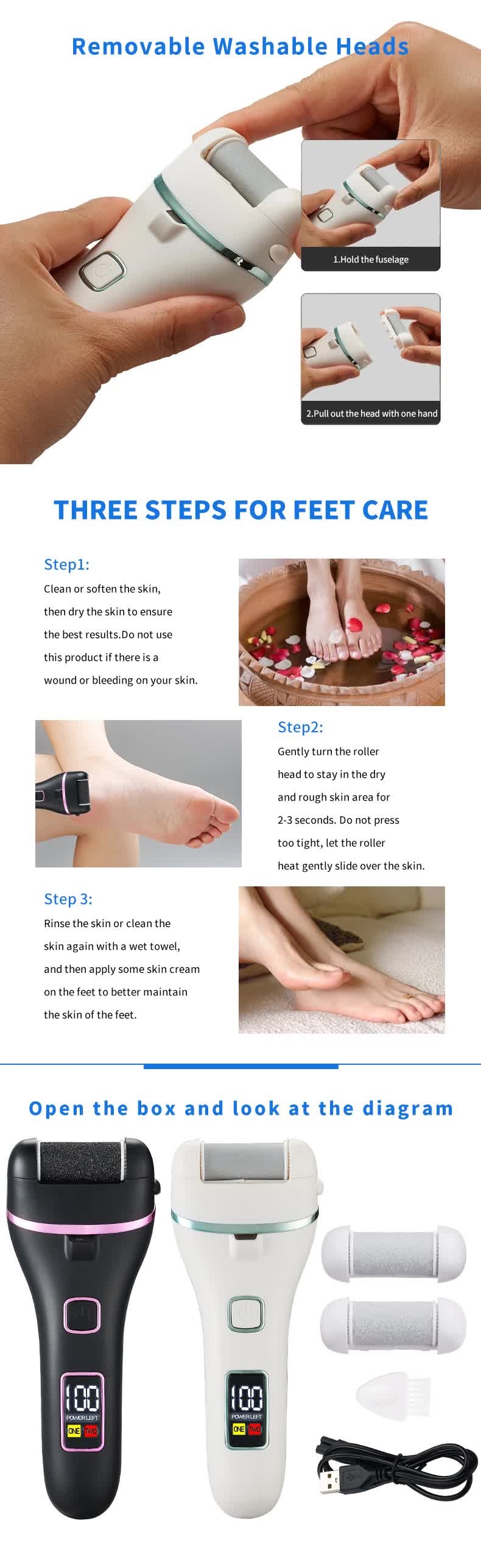 017 White Electric Foot Callus Remover - Rechargeable Waterproof Pedicure Tool with Automatic Dead Skin Removal 5