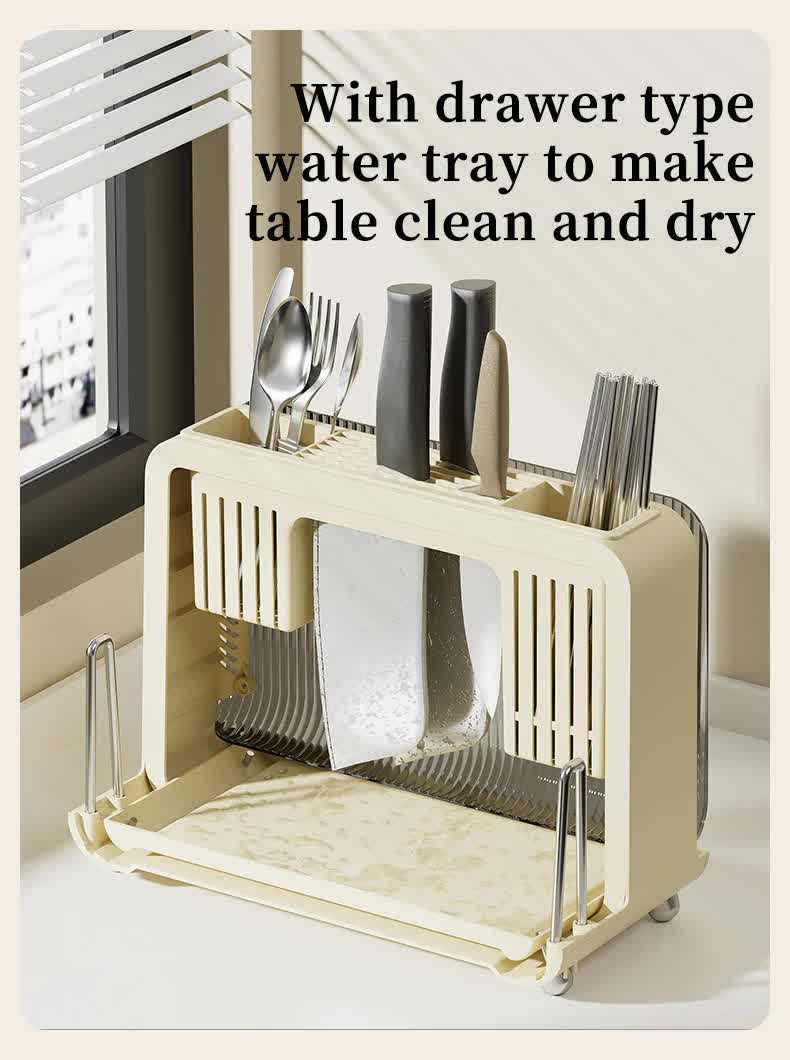 Cream White Multifunctional Kitchen Knife Holder - Integrated Storage Rack for Knives, Chopsticks, and Cutting Boards 4