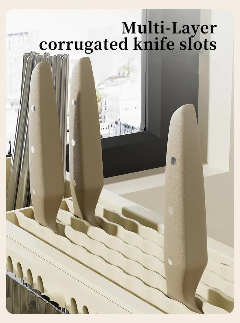 White Multifunctional Kitchen Knife Holder - Integrated Storage Rack for Knives, Chopsticks, and Cutting Boards 3