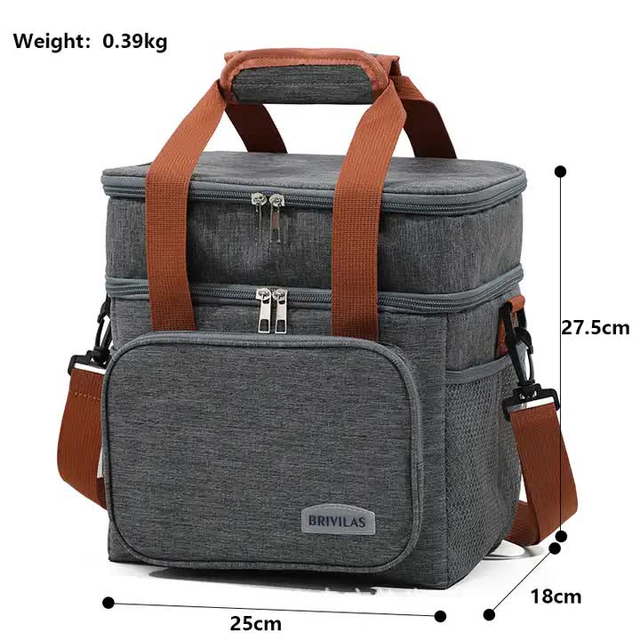 Grey Large Capacity Lunch Bag - Dual-Layer Insulated Cooler Bag for Outdoor, Picnic, and Work Use 4