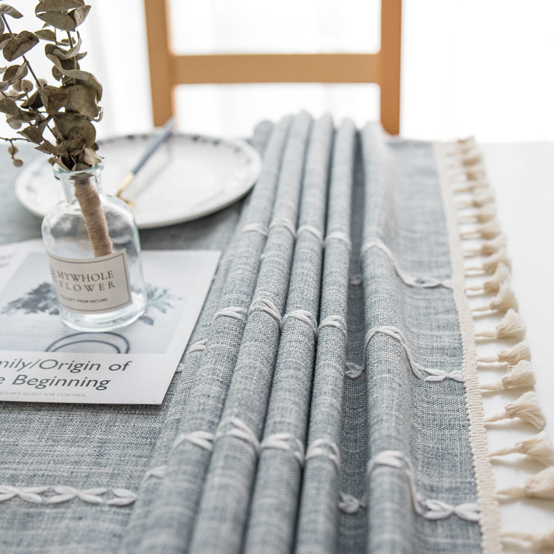 140cm*90cm Grey Striped Cotton Linen Embroidered Tassel Tablecloth - European & American Pastoral Style for Restaurants 4