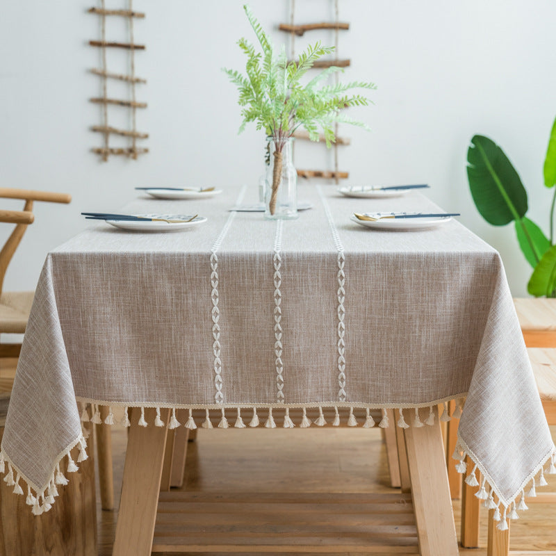160*100cm Beige Striped Cotton Linen Embroidered Tassel Tablecloth - European & American Pastoral Style for Restaurants 3
