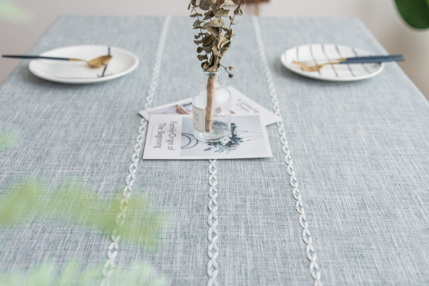 140x200cm Grey Striped Cotton Linen Embroidered Tassel Tablecloth - European & American Pastoral Style for Restaurants 6